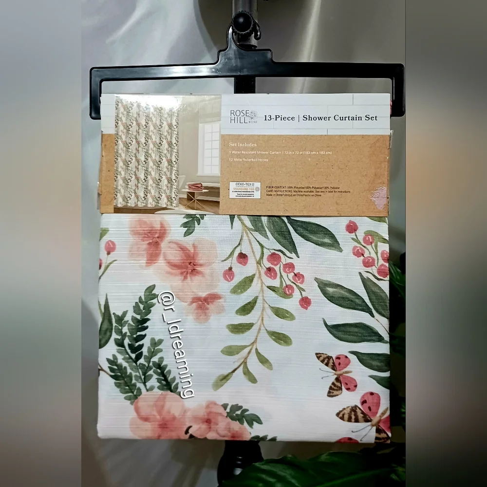 Rose Hill 13-Piece Shower Curtain Metal Hooks with Floral Design Size 72